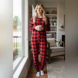 EUC Women’s Red Black Plaid Long Sleeve Button Up One Piece Pajamas - Size M